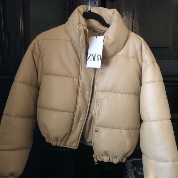 Zara Nude Faux Leather Puffer Jacket 
